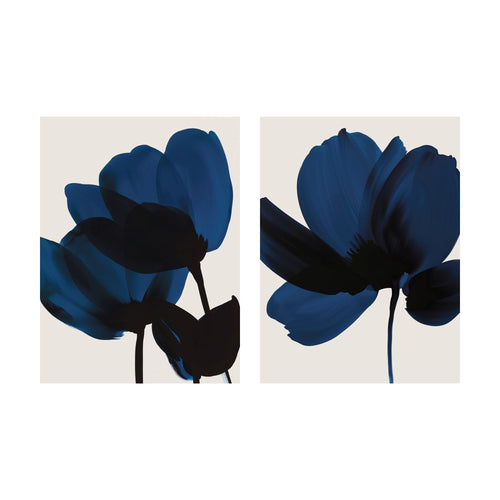 Two panels of Bloom wall art featuring contemporary Nordic Park floral illustrations in dark blue on a light beige background.