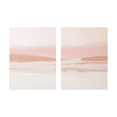 Blush Mesa diptych featuring minimalist abstract landscape paintings in shades of blush pink, peach, and beige, with soft horizontal layers suggestive of an earth-toned desert horizon.