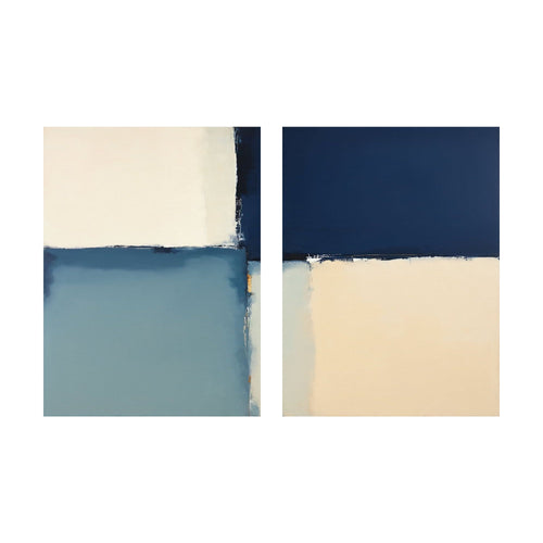 Blue Quarters geometric wall art featuring two pieces with blocks of navy blue, light blue, and cream in a quartered composition.