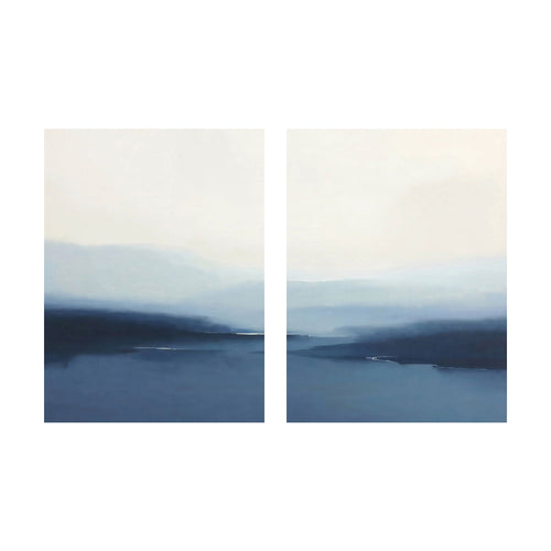 Two Blue Valley Mist rectangular abstract paintings featuring layered shades of blue and cream, depicting a misty, minimalist landscape.