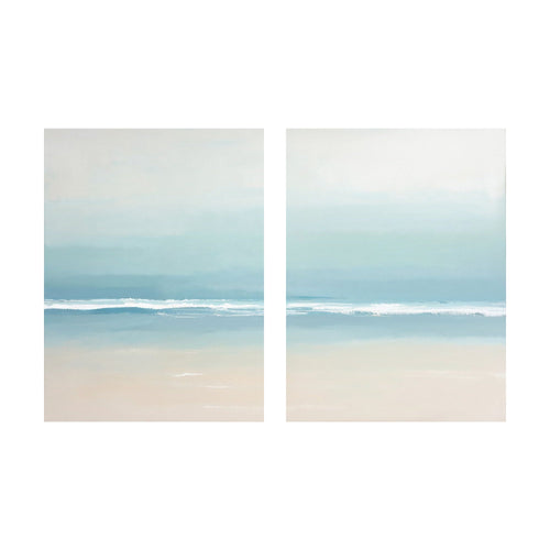 The Airy Shore diptych features a serene coastal scene with a soft blue sky meeting ocean waves and a sandy shoreline for a tranquil atmosphere.