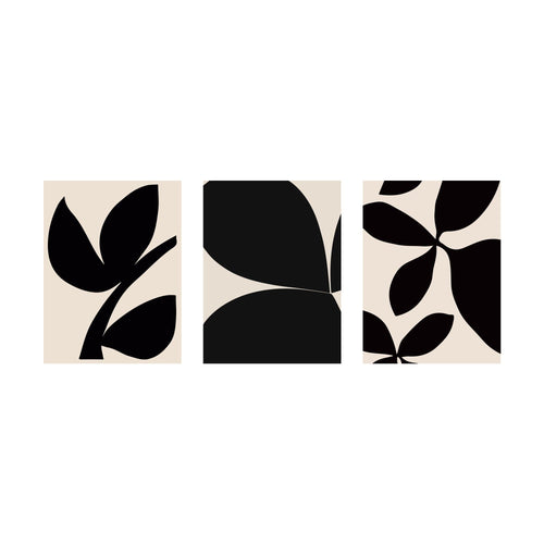 Three square Black Botanical panels featuring minimalist black botanical silhouettes on a cream background, styled as Nordic Park wall art.