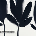 A close-up of abstract black brushstrokes resembling botanical silhouettes on white, with "Zoomed In Detail" in a semi-transparent box—Shadow Stems Canvas Art - Horizontal is ideal for modern, minimalist living rooms.