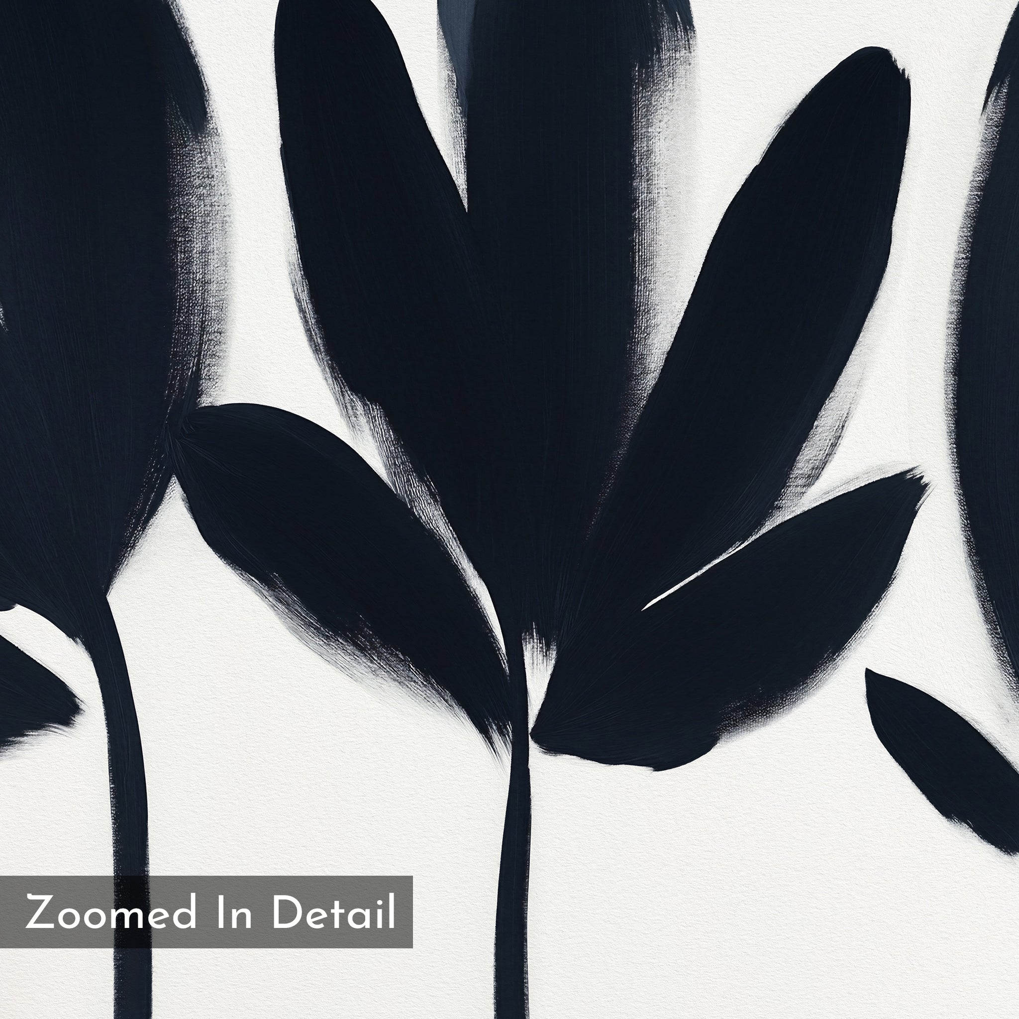 A close-up of abstract black brushstrokes resembling botanical silhouettes on white, with "Zoomed In Detail" in a semi-transparent box—Shadow Stems Canvas Art - Horizontal is ideal for modern, minimalist living rooms.