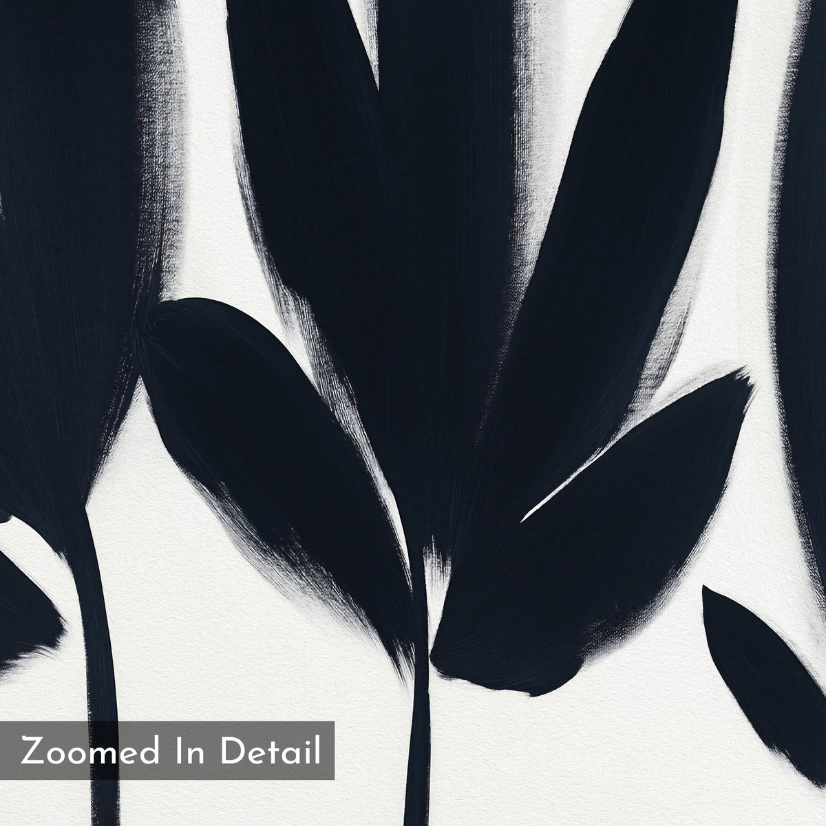 Close-up of abstract black brushstrokes on white, evoking botanical forms. A translucent label in the corner reads Zoomed In Detail—Shadow Stems Canvas Art - Square, ideal for minimalist modern living rooms.