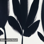 Close-up of abstract black brushstrokes on white, evoking botanical forms. A translucent label in the corner reads Zoomed In Detail—Shadow Stems Canvas Art - Square, ideal for minimalist modern living rooms.