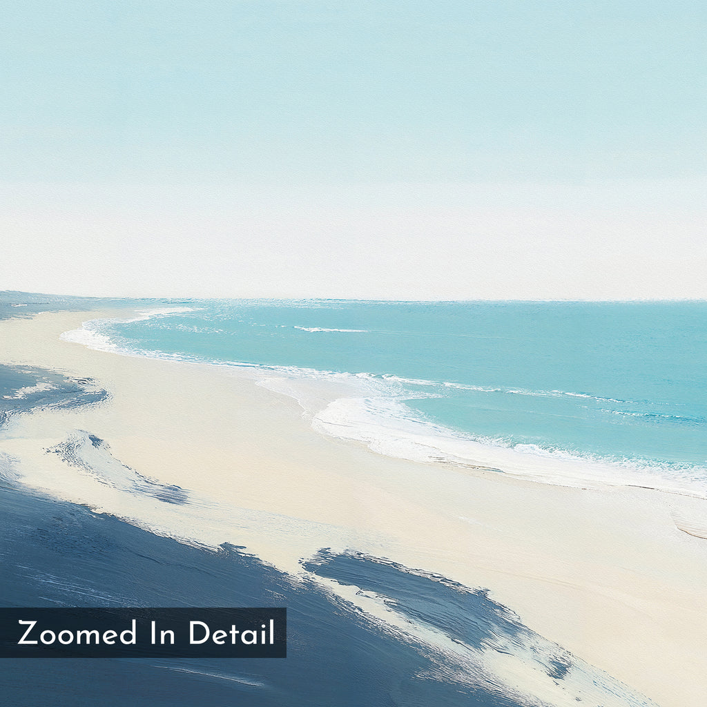 Shifting Tides Canvas Art - Horizontal features a zoomed-in serene beach with gentle waves, light sand, and soft blue-white tones. Perfect as a coastal canvas print for your home. A label in the corner reads "Zoomed In Detail.