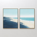 Shifting Tides - Set of 2: Two framed abstract seascape prints featuring blue sky, turquoise water, and sandy beach with bold wave brushstrokes—ideal coastal canvas art for a seaside-inspired wall display.