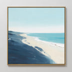 The Shifting Tides Canvas Art - Square showcases soft blue ocean waves meeting a light sandy shore under a pale sky, creating a calm, minimalist atmosphere—perfect framed coastal wall art for any space.