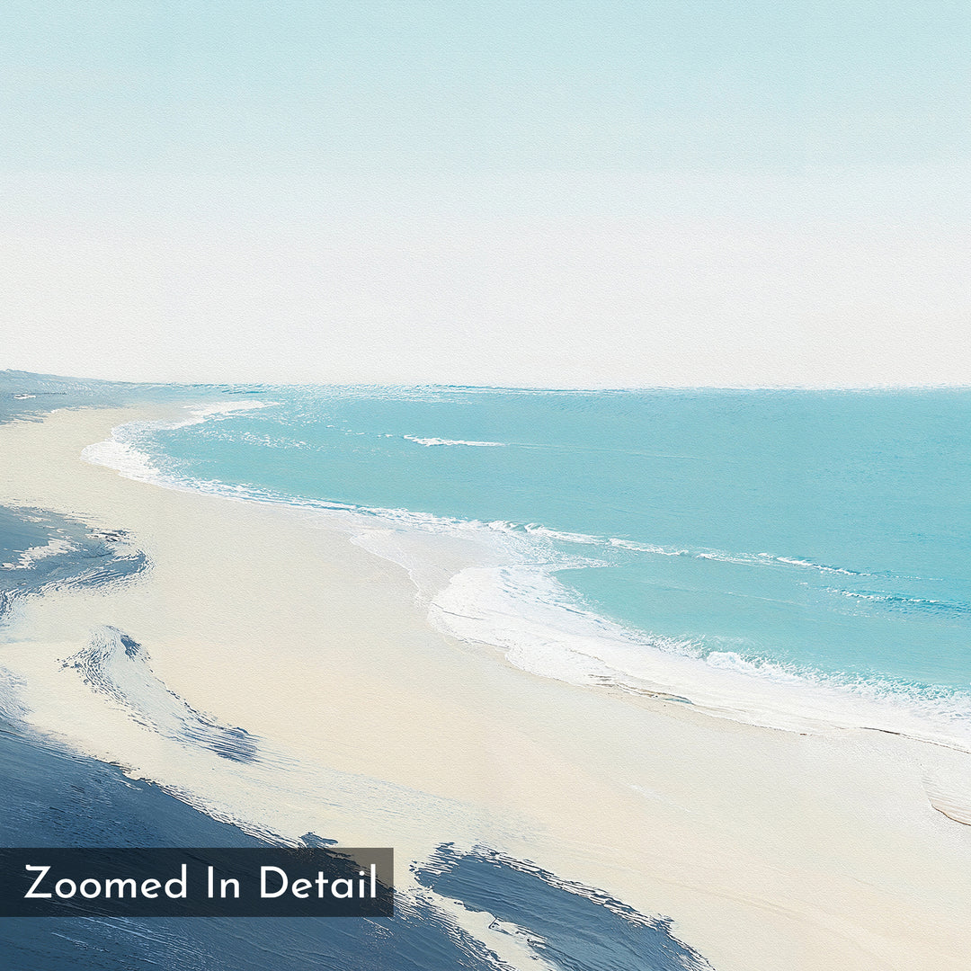 Shifting Tides Canvas Art - Square features a tranquil beach with soft waves, pale sand, and a calm blue sea beneath a light sky. "Zoomed In Detail" appears in the lower left corner, making it perfect seaside wall art.