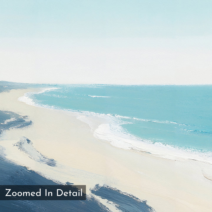 Shifting Tides Canvas Art - Square features a tranquil beach with soft waves, pale sand, and a calm blue sea beneath a light sky. "Zoomed In Detail" appears in the lower left corner, making it perfect seaside wall art.