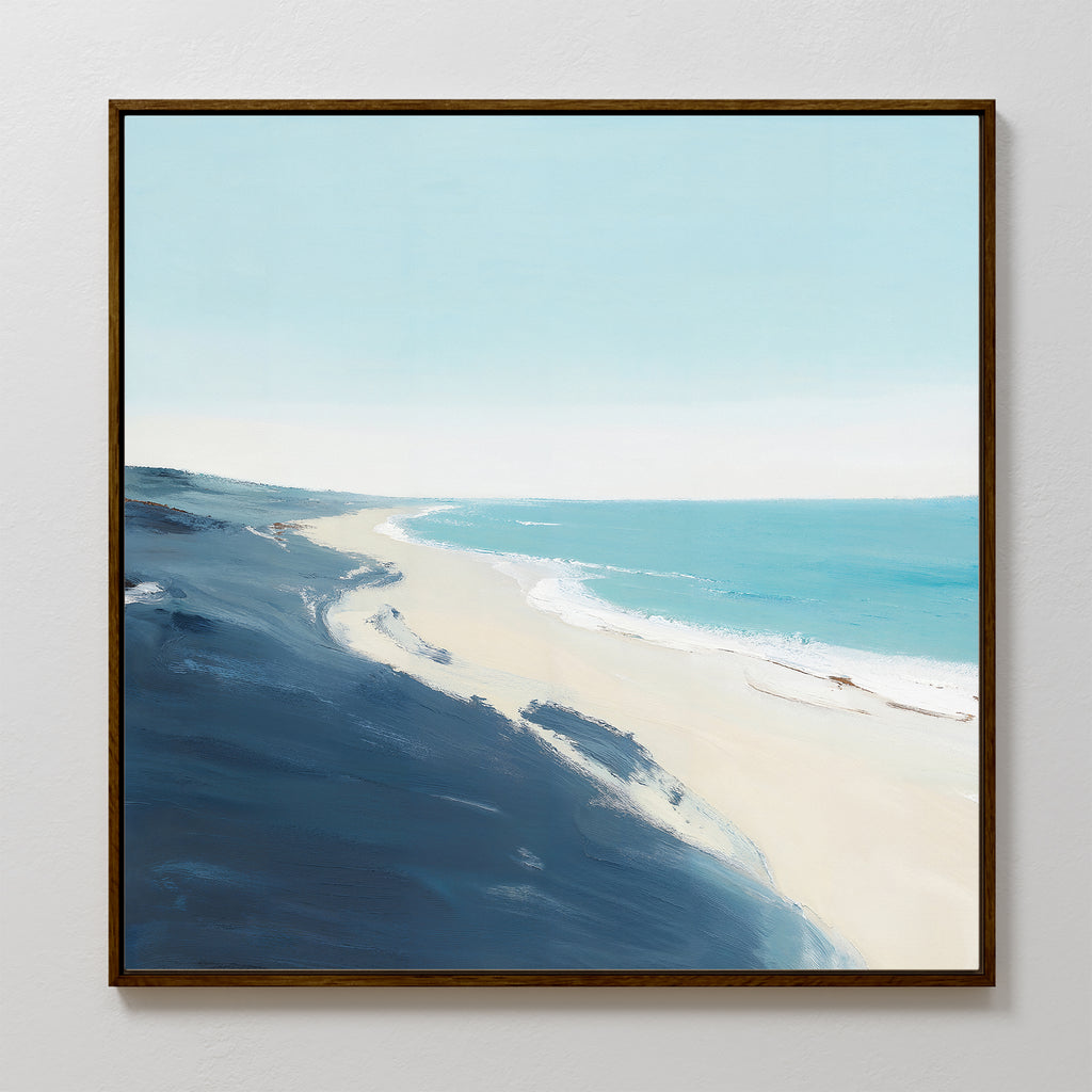 The Shifting Tides Canvas Art - Square features a serene beach scene with blue sky, gentle ocean waves, and sandy shoreline blending into dark blue dunes—ideal framed wall art for Nordic Park-inspired spaces.