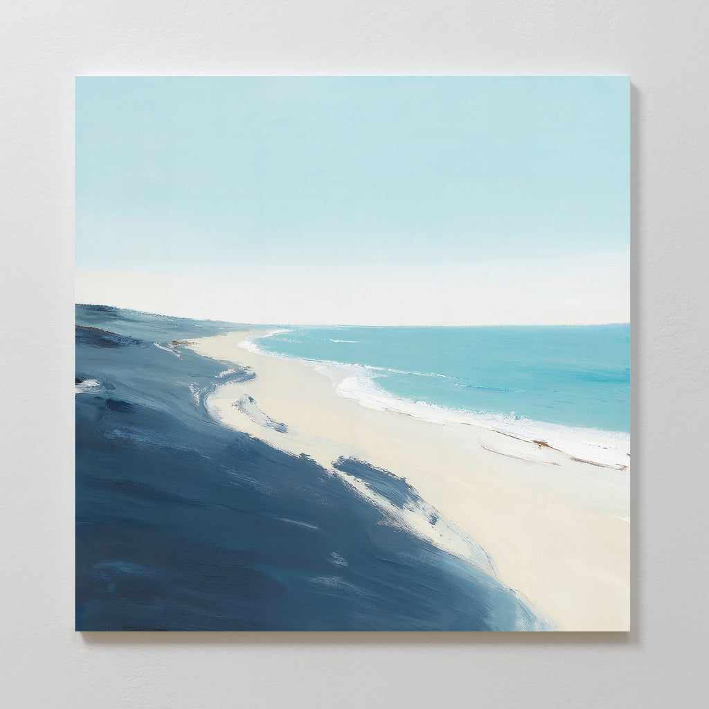 The Shifting Tides Canvas Art - Square features a minimalist beach scene with soft waves, pale sand, deep blue dunes, and a light blue sky. Smooth brushstrokes and gentle color transitions create a serene seaside effect.