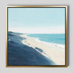 The Shifting Tides Canvas Art - Square features a framed coastal beach scene with soft blue sky, gentle ocean waves, and sandy shore, highlighted by dark blue dunes in the foreground and broad, smooth brushstrokes.