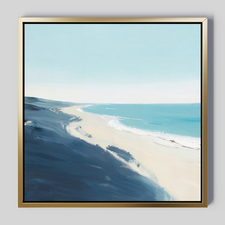 The Shifting Tides Canvas Art - Square features a framed coastal beach scene with soft blue sky, gentle ocean waves, and sandy shore, highlighted by dark blue dunes in the foreground and broad, smooth brushstrokes.
