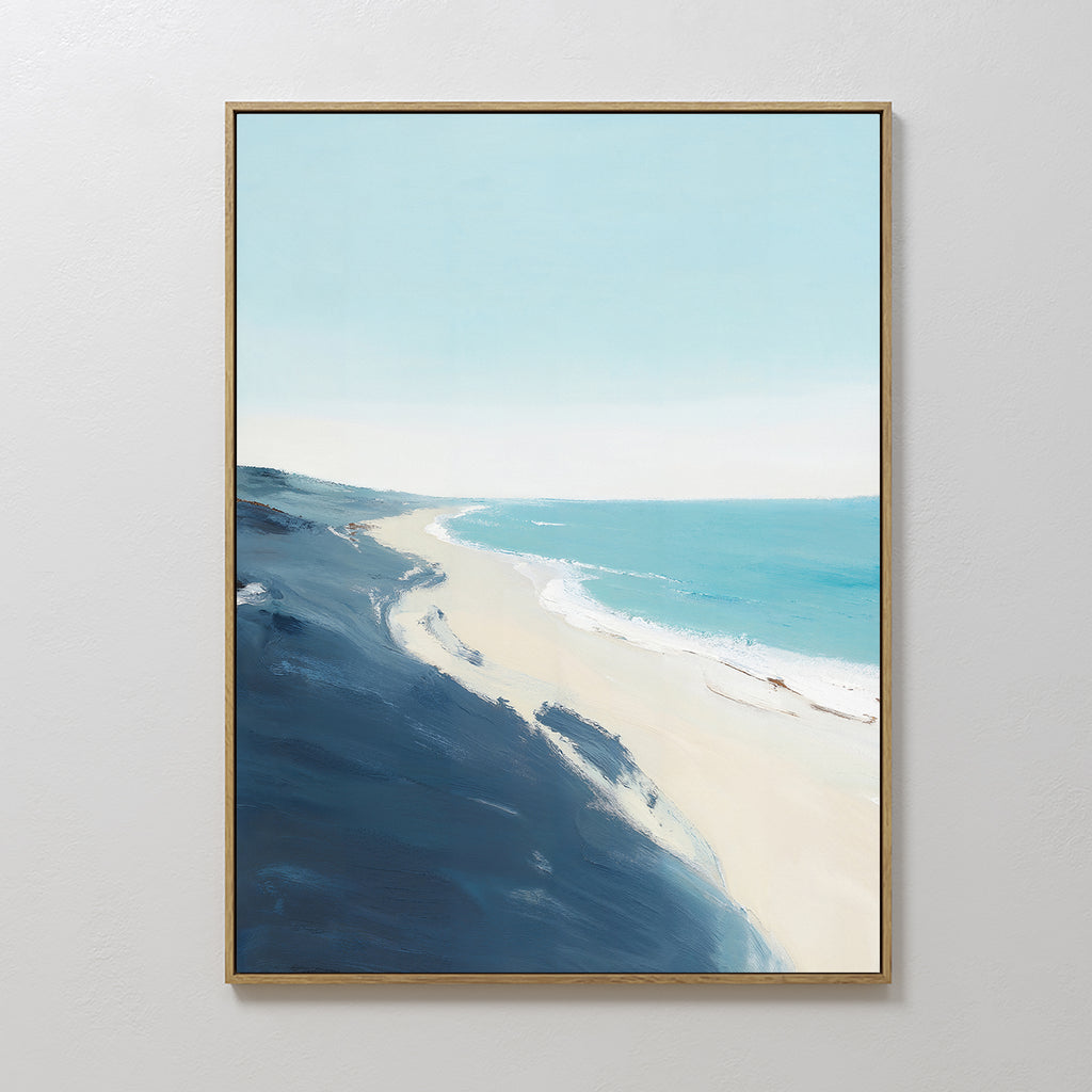 The Shifting Tides Canvas Art - Vertical features a serene beach scene with dark blue dunes, pale sand, and turquoise water beneath a clear sky. This framed coastal print is perfect seaside wall art for any space.