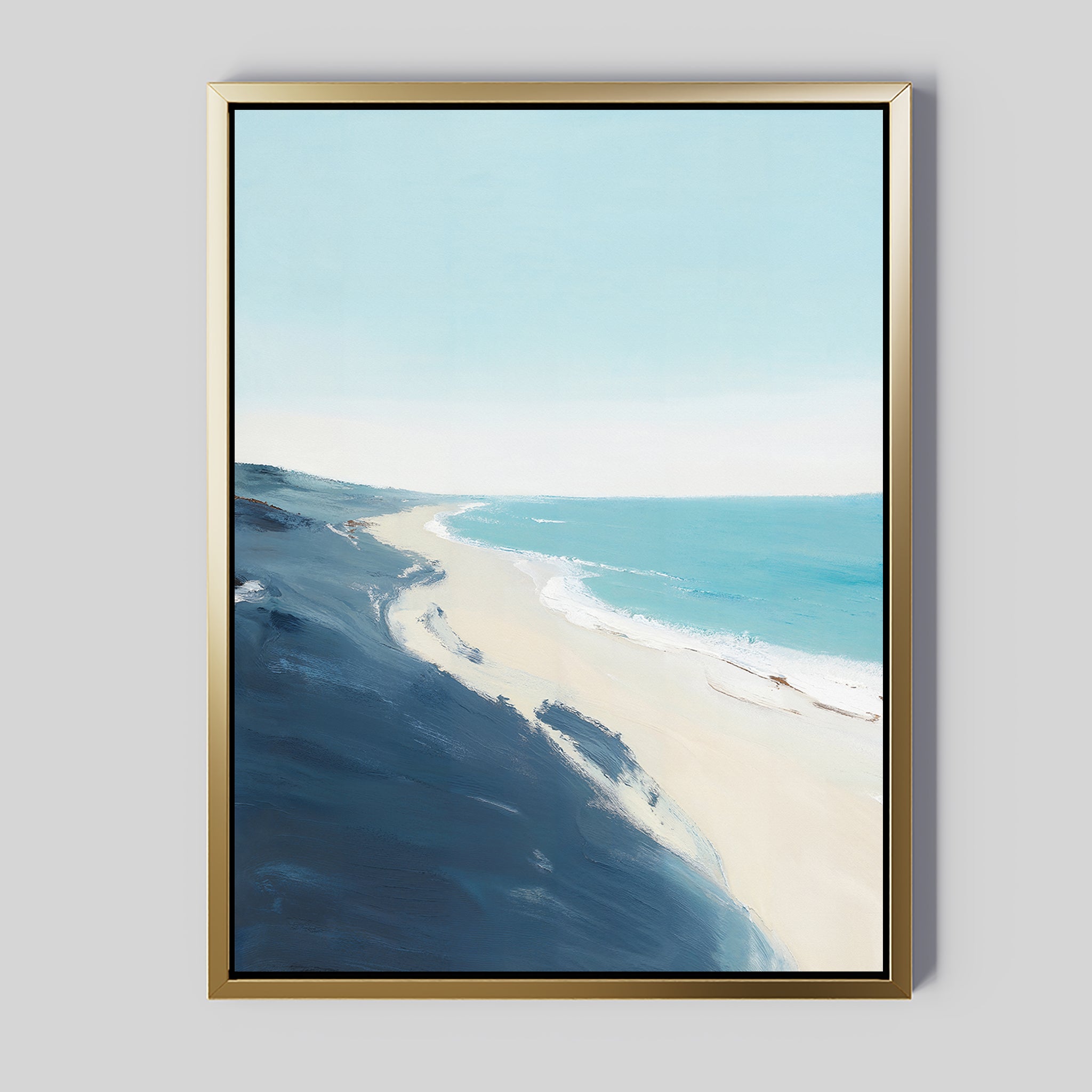 Shifting Tides Canvas Art - Vertical features a serene beach scene with blue waves, sandy shore, and soft sky in abstract brushstrokes. The gold frame adds elegance to the light gray background—ideal coastal wall art.