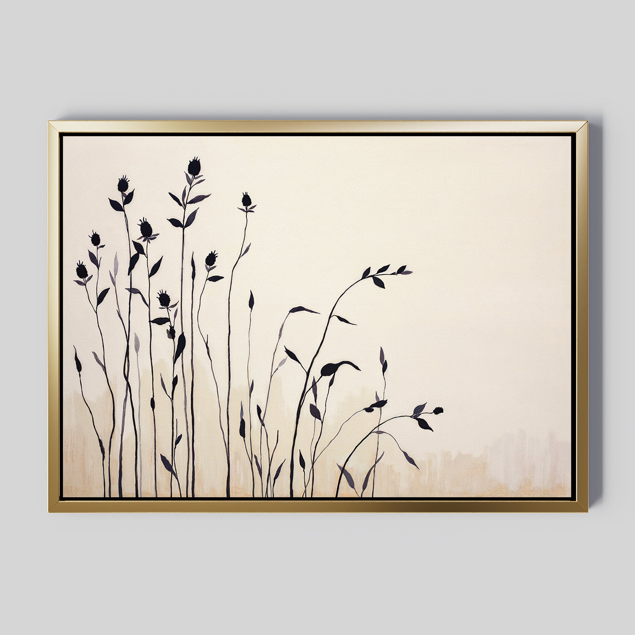 Silhouette Meadow Canvas Art - Horizontal: A minimalist canvas print with tall, dark wildflower silhouettes on a light beige background and thin gold frame. This elegant botanical wall art brings Nordic style with its simple design and open space on the right.