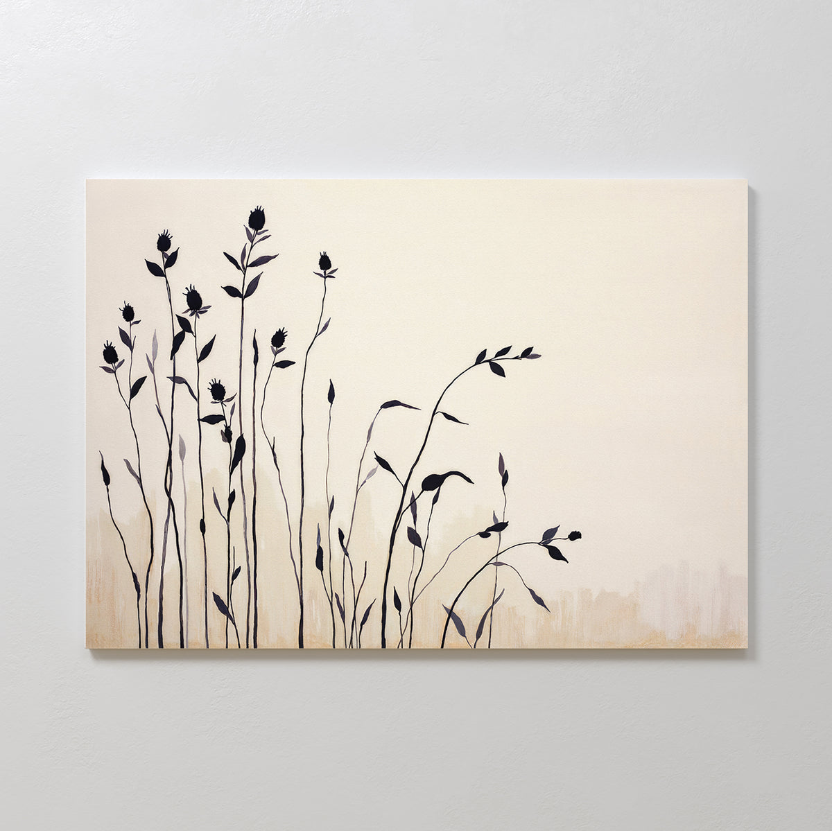Silhouette Meadow Canvas Art - Horizontal: A minimalist canvas print of tall, thin black wildflowers on a pale beige gradient. This botanical wall art adds elegant, calming style to any Nordic-inspired decor.