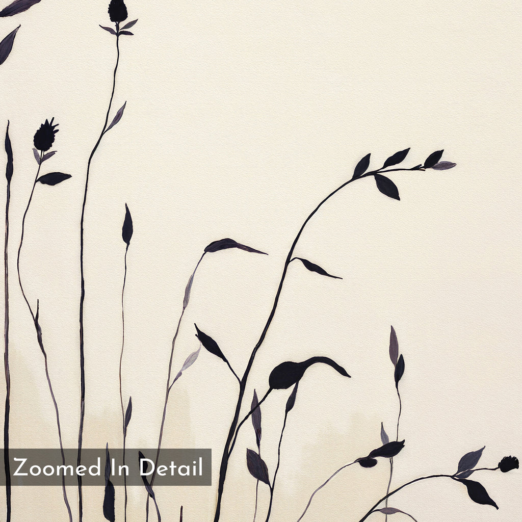The Silhouette Meadow Canvas Art - Horizontal features black plant and flower silhouettes with thin stems on a light beige background. A transparent “Zoomed In Detail” box sits in the lower left, ideal for Nordic or botanical wall art lovers.