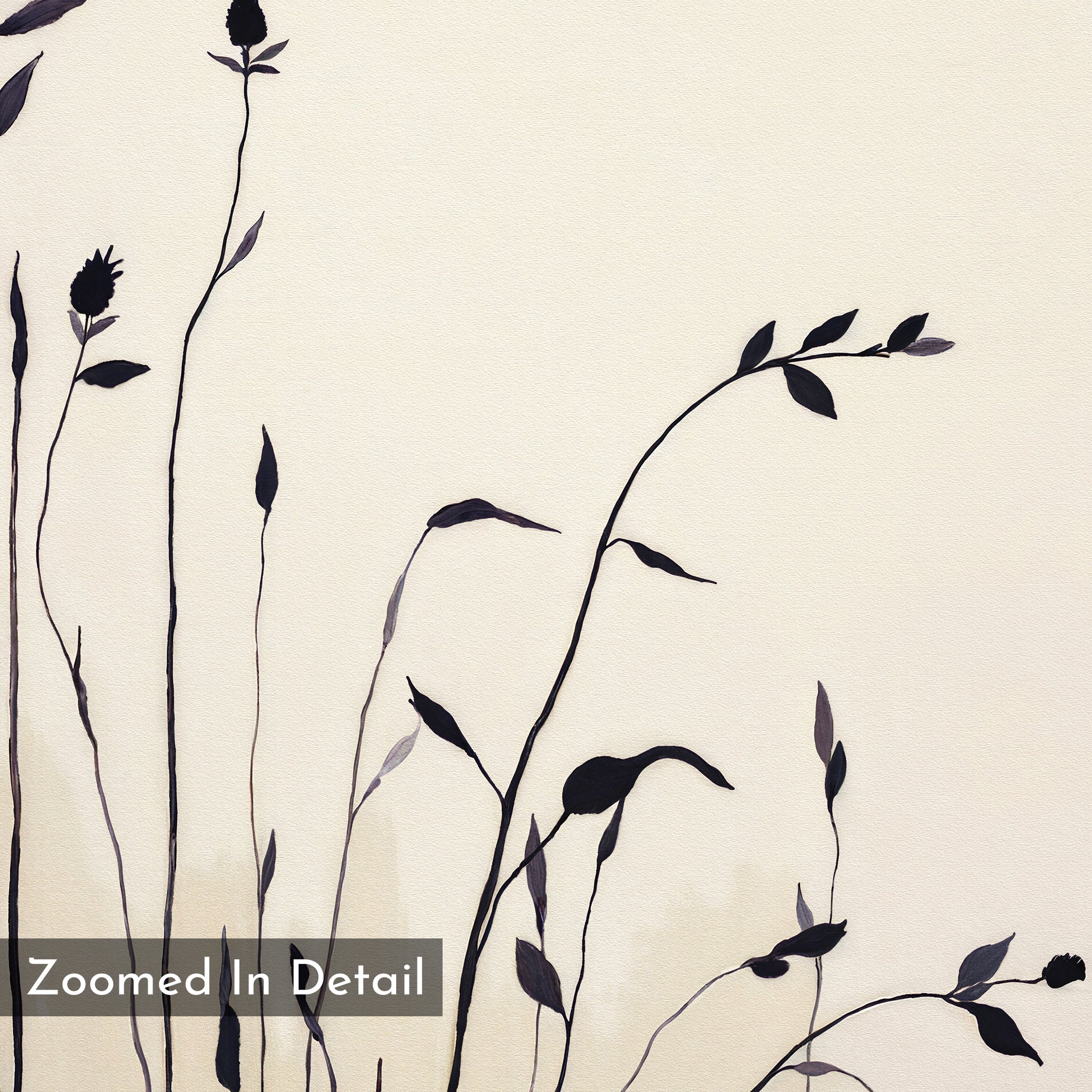 The Silhouette Meadow Canvas Art - Horizontal features black plant and flower silhouettes with thin stems on a light beige background. A transparent “Zoomed In Detail” box sits in the lower left, ideal for Nordic or botanical wall art lovers.