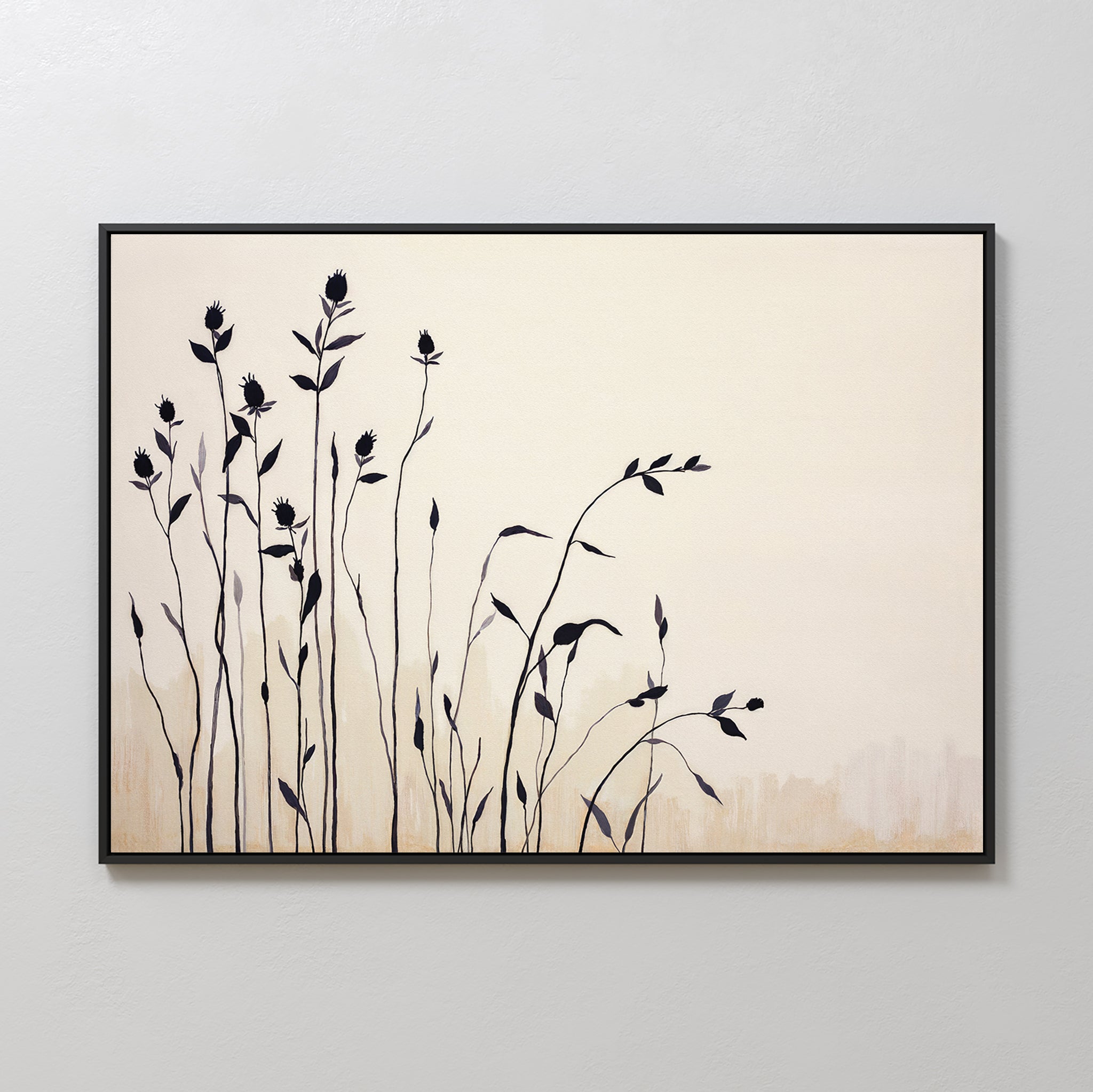 Silhouette Meadow Canvas Art - Horizontal features black wildflower silhouettes on beige canvas, framed in black. This minimalist botanical wall art adds subtle elegance to Nordic decor.