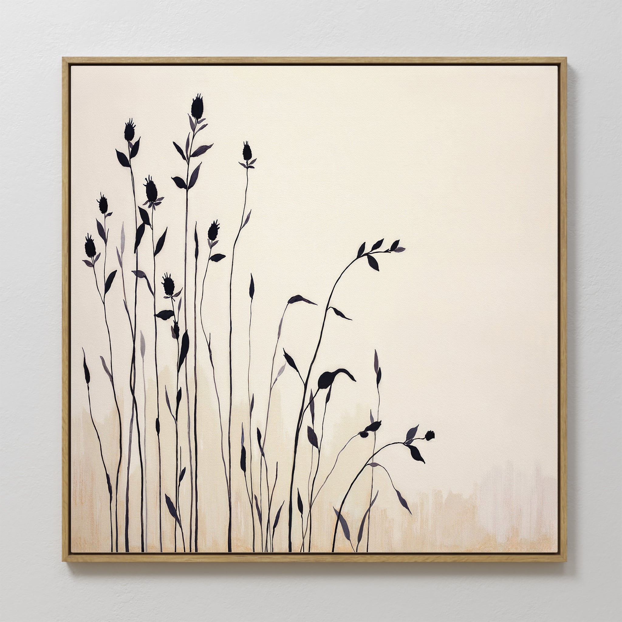 Silhouette Meadow Canvas Art - Square features tall black wildflowers with thin stems on a light beige background in a simple wood frame. This minimalist Nordic decor brings an elegant, airy touch to any room.