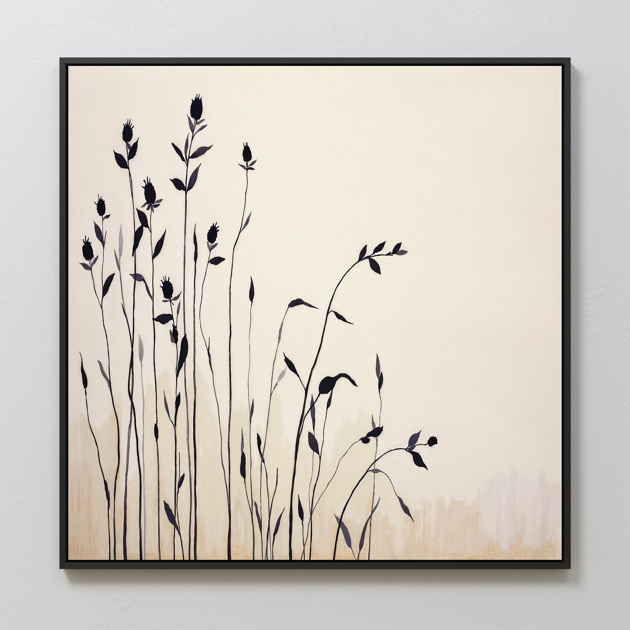 The Silhouette Meadow Canvas Art - Square features tall black wildflower silhouettes on a light beige background with a thin black frame, bringing calm, natural Nordic style to your space.