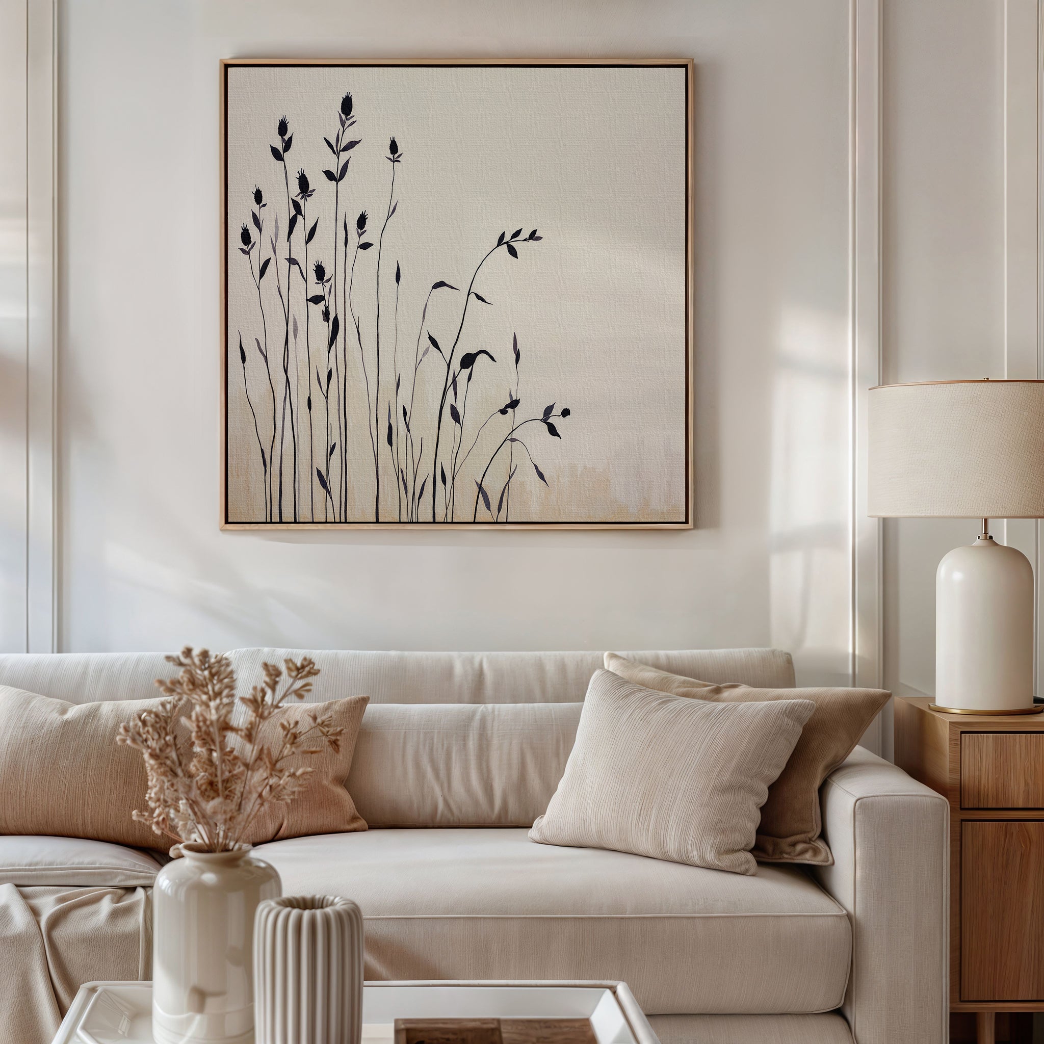 A modern living room features a beige sofa with neutral cushions, a light wood side table, and a white lamp. Above, the Silhouette Meadow Canvas Art - Square adds Nordic flair, while dried flowers in a vase accent the coffee table.