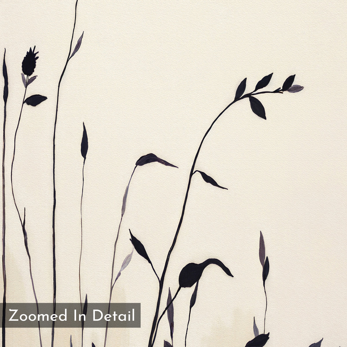 Silhouette Meadow Canvas Art - Square: Minimalist botanical wall art with black plant stems and leaves on a light beige background, "Zoomed In Detail" overlay—ideal for Nordic decor or as a stylish minimalist canvas print.
