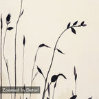 Silhouette Meadow Canvas Art - Square: Minimalist botanical wall art with black plant stems and leaves on a light beige background, "Zoomed In Detail" overlay—ideal for Nordic decor or as a stylish minimalist canvas print.