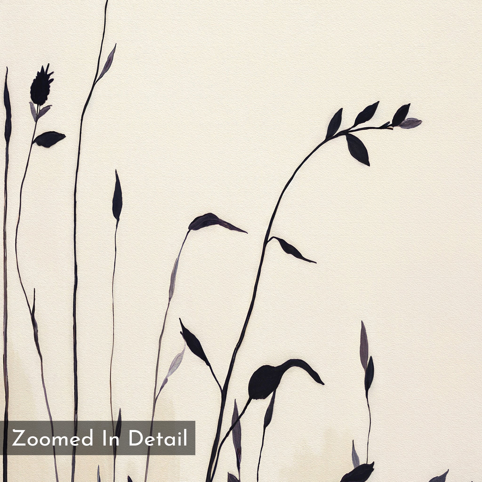 Silhouette Meadow Canvas Art - Square: Minimalist botanical wall art with black plant stems and leaves on a light beige background, "Zoomed In Detail" overlay—ideal for Nordic decor or as a stylish minimalist canvas print.