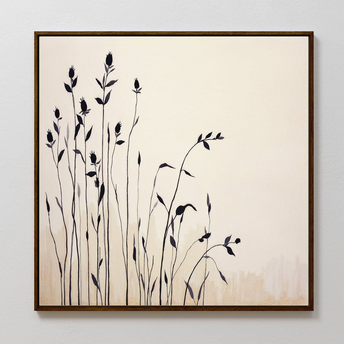 The Silhouette Meadow Canvas Art - Square features tall black wildflower and grass silhouettes on a pale beige backdrop, framed with a slim dark border. This minimalist botanical wall art brings elegant Nordic decor to your space.