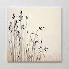 The Silhouette Meadow Canvas Art - Square showcases tall, thin black wildflower silhouettes on a light cream and beige background. This minimalist botanical wall art adds an elegant Nordic touch to any room.