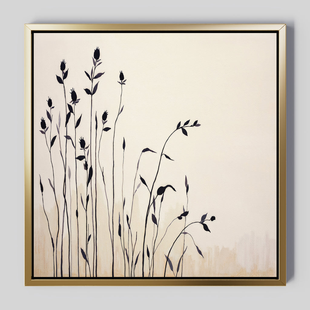 The Silhouette Meadow Canvas Art - Square features tall, slender black wildflowers and leaves on a cream background in a thin gold frame. This elegant Nordic-style wall art displays clustered botanical silhouettes to the left side.