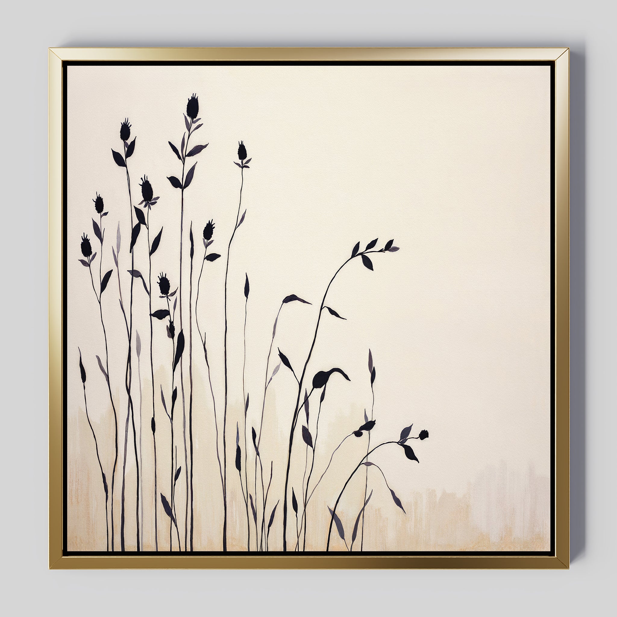 The Silhouette Meadow Canvas Art - Square features tall, slender black wildflowers and leaves on a cream background in a thin gold frame. This elegant Nordic-style wall art displays clustered botanical silhouettes to the left side.