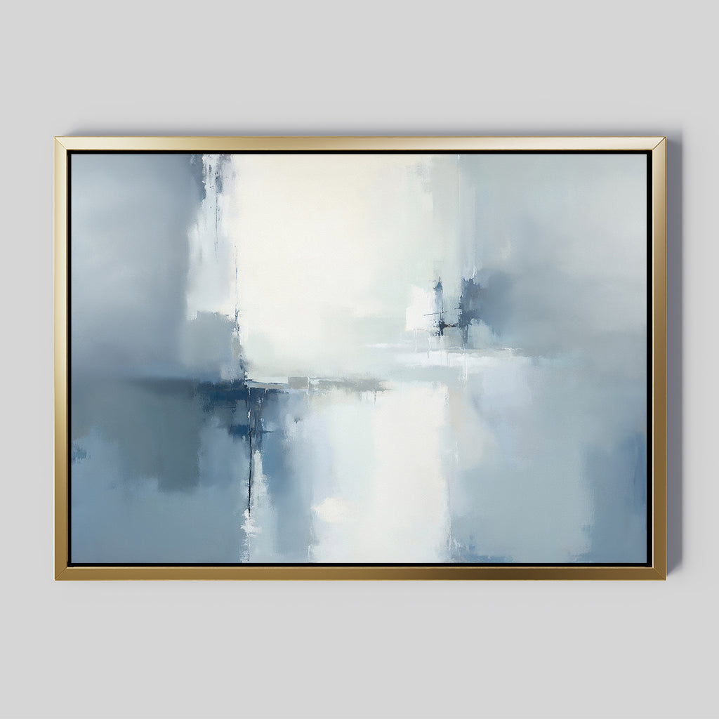 Silver Cross Formation Canvas Art - Horizontal features soft blue, white, and gray tones for a serene, misty effect. This Nordic artwork, framed with a thin gold border, is ideal for modern living room decor against a light gray background.