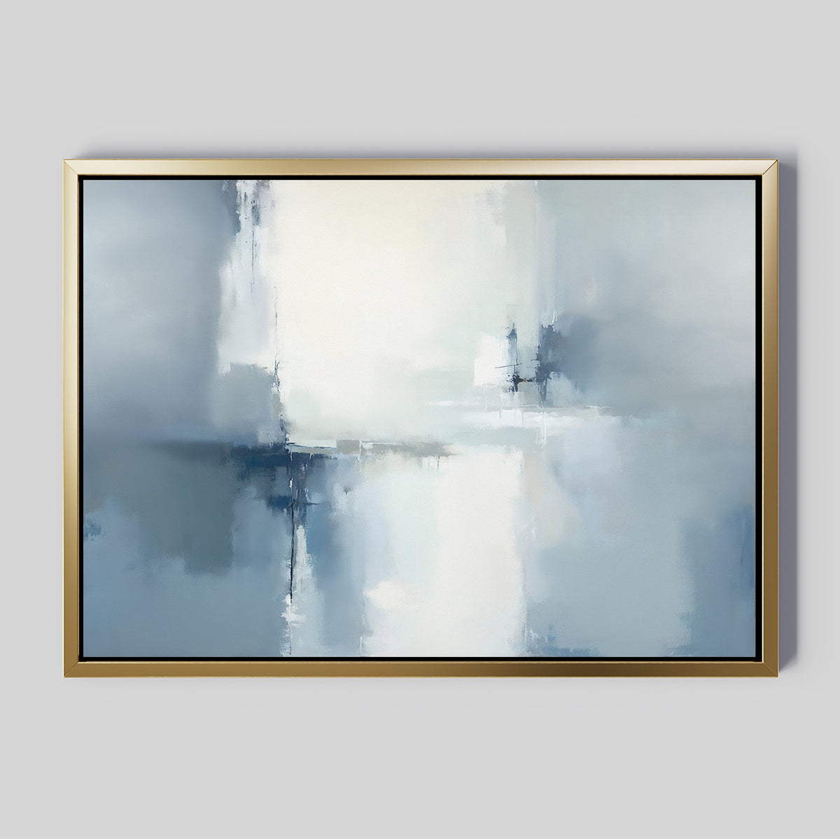 Silver Cross Formation Canvas Art - Horizontal features soft blue, white, and gray tones for a serene, misty effect. This Nordic artwork, framed with a thin gold border, is ideal for modern living room decor against a light gray background.