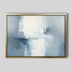 Silver Cross Formation Canvas Art - Horizontal features soft blue, white, and gray tones for a serene, misty effect. This Nordic artwork, framed with a thin gold border, is ideal for modern living room decor against a light gray background.