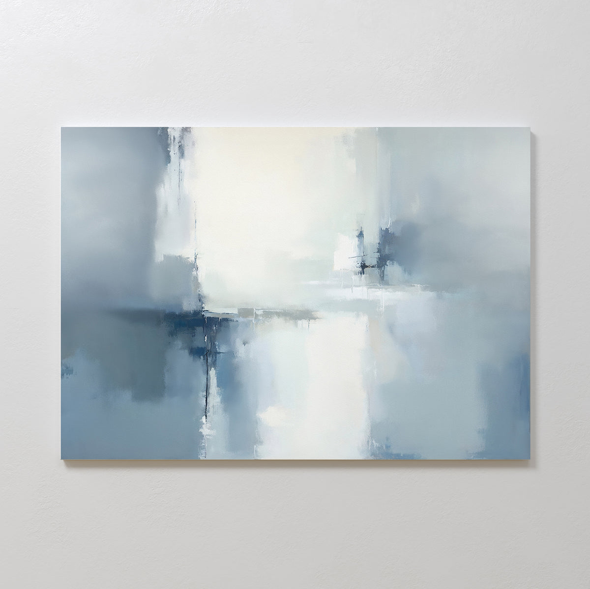 The Silver Cross Formation Canvas Art - Horizontal features an abstract design with soft blue, white, and gray tones, subtle geometric lines, and blurred edges, adding a serene Nordic touch to modern living room decor.