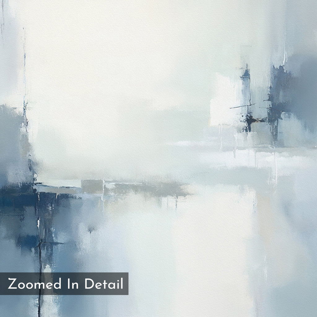 The Silver Cross Formation Canvas Art - Horizontal features soft shades of blue, gray, and white with blurred edges and intersecting lines. "Zoomed In Detail" appears in white text on the bottom left—perfect for modern living room decor.