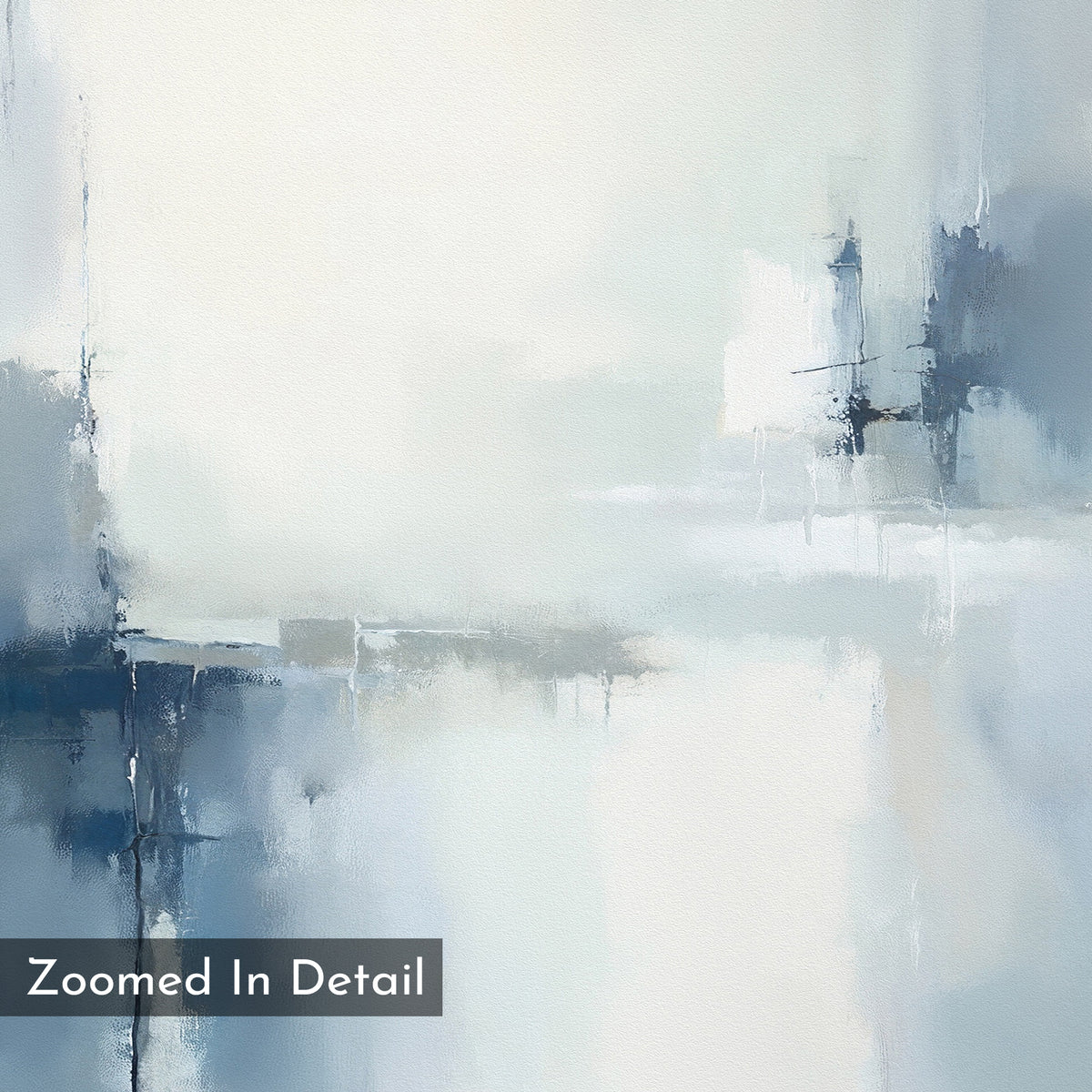 The Silver Cross Formation Canvas Art - Horizontal features soft shades of blue, gray, and white with blurred edges and intersecting lines. "Zoomed In Detail" appears in white text on the bottom left—perfect for modern living room decor.
