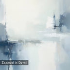 The Silver Cross Formation Canvas Art - Horizontal features soft shades of blue, gray, and white with blurred edges and intersecting lines. "Zoomed In Detail" appears in white text on the bottom left—perfect for modern living room decor.
