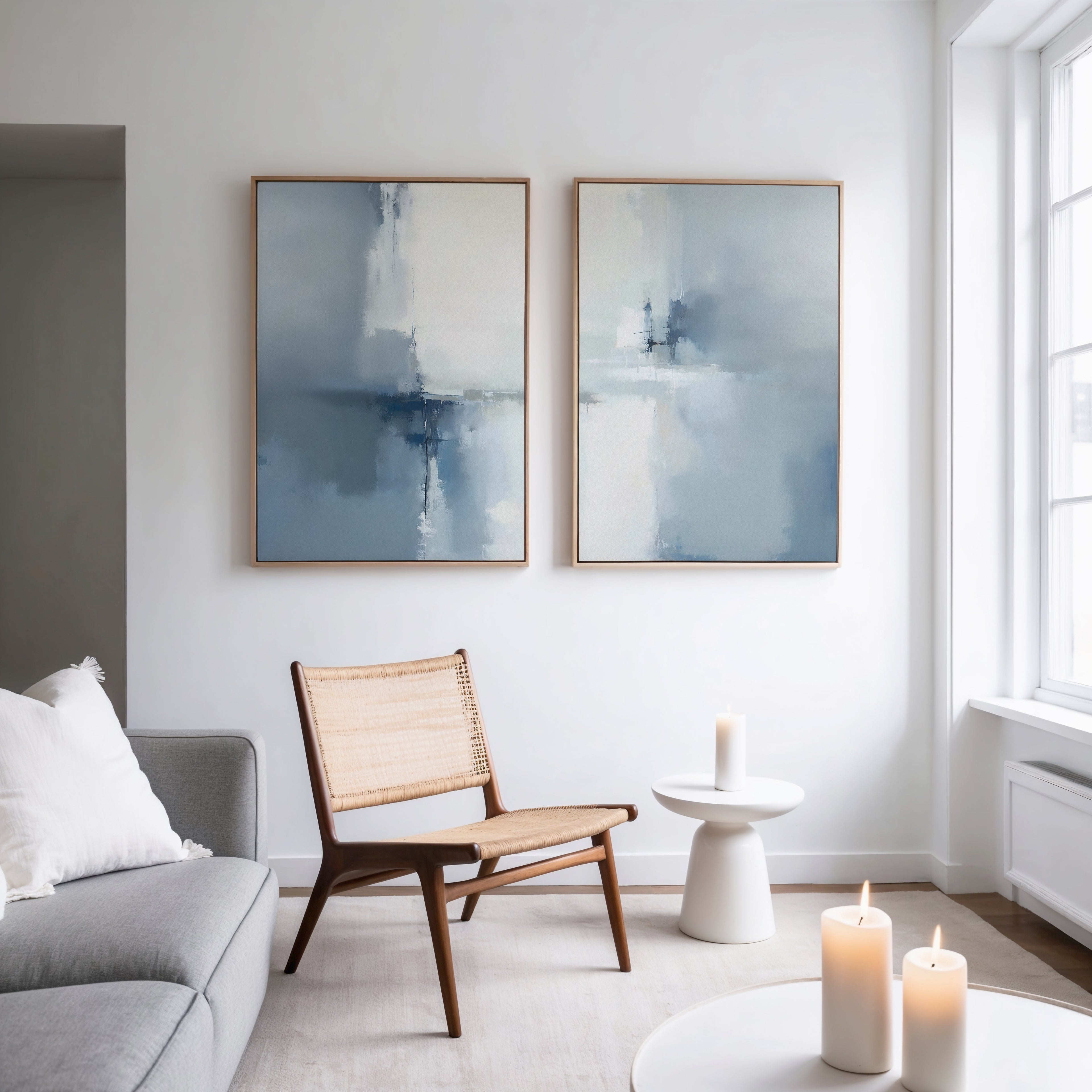 A minimal, modern living room features a wooden chair, gray sofa, and small white side table with a lit candle. Above, the Silver Cross Formation - Set Of 2 abstract prints add atmosphere while glowing candles complete the serene vibe.