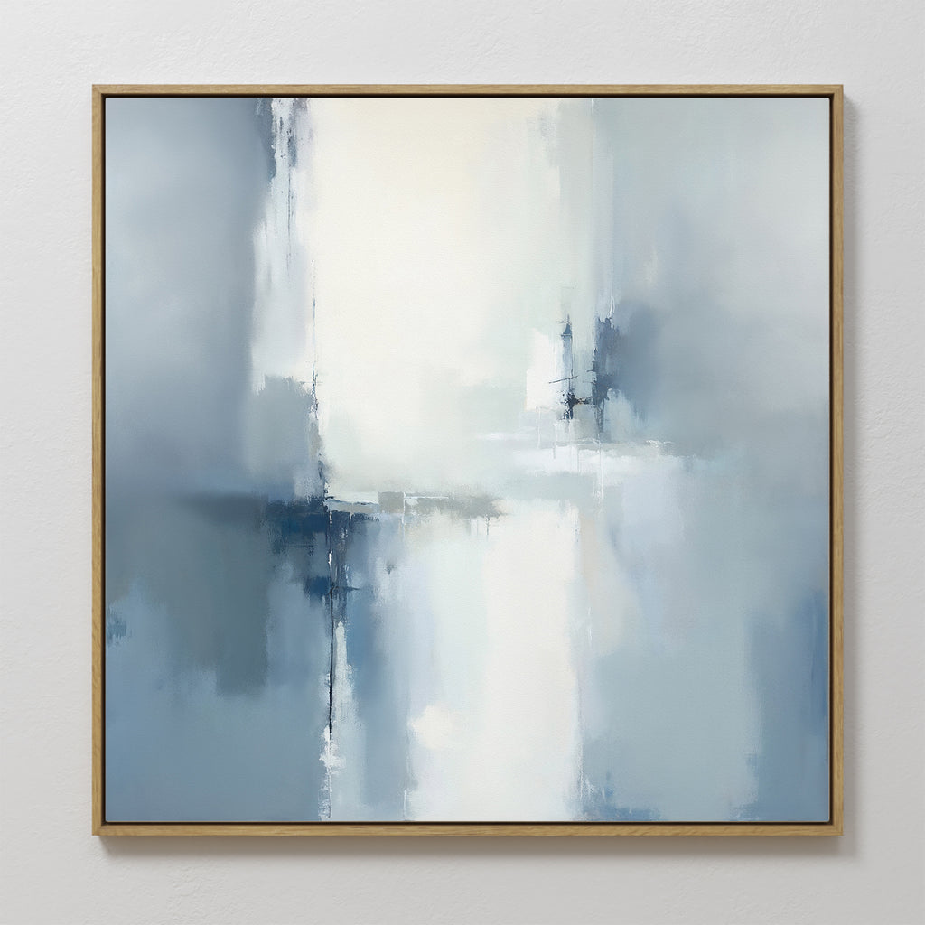 The Silver Cross Formation Canvas Art - Square features soft, blended blue, white, and gray tones with vertical and horizontal brushstrokes, creating a calm, misty look. Its thin wood frame makes it ideal for modern living rooms.
