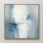 The Silver Cross Formation Canvas Art - Square features soft, blended blue, white, and gray tones with vertical and horizontal brushstrokes, creating a calm, misty look. Its thin wood frame makes it ideal for modern living rooms.