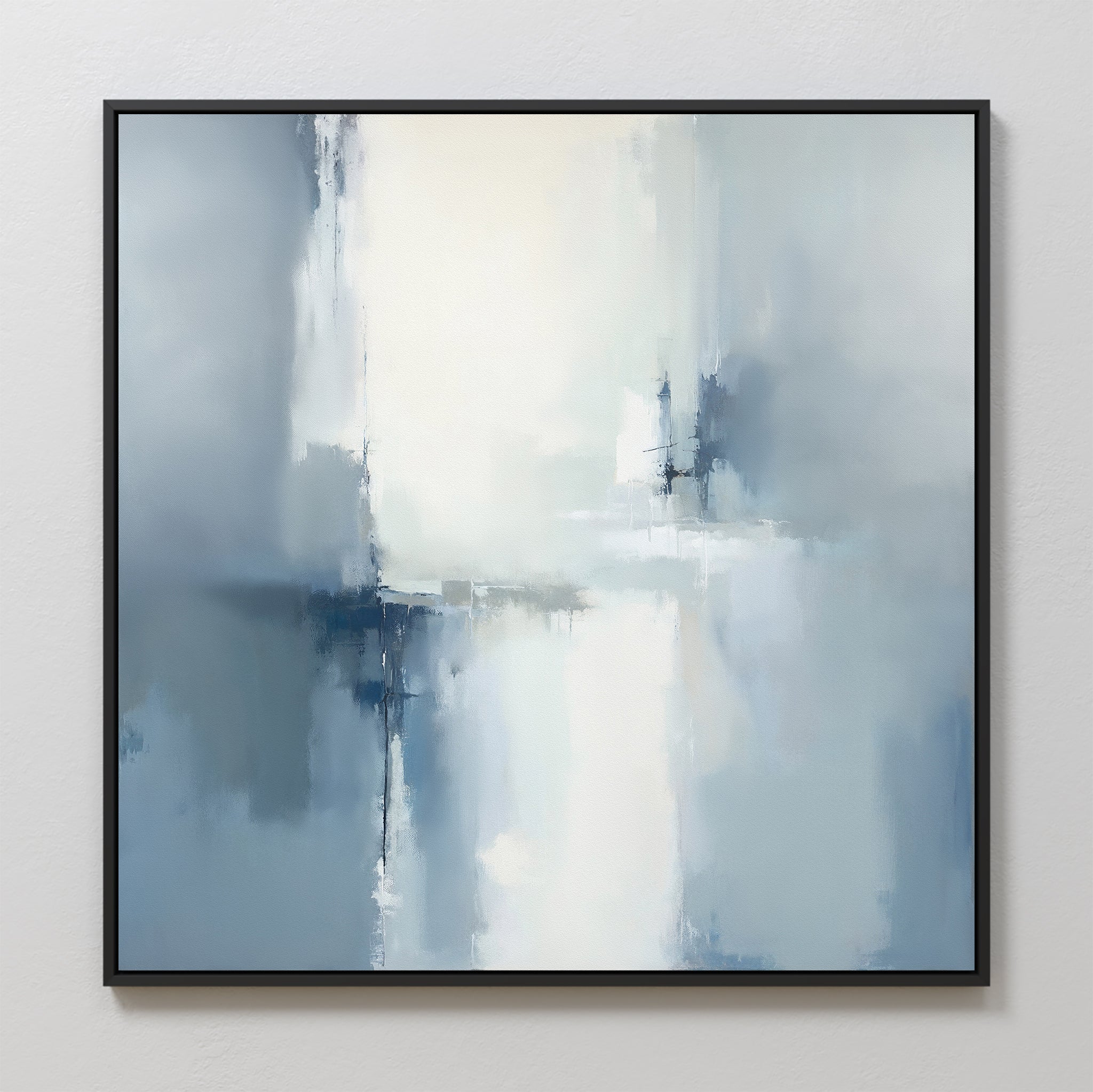 The Silver Cross Formation Canvas Art - Square features soft blended blue, white, and gray hues with vertical and horizontal strokes, creating a serene abstract effect—ideal as a modern atmospheric print for living rooms.