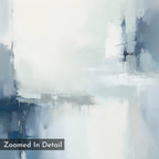 Silver Cross Formation Canvas Art - Square features soft, blurred strokes in blue, gray, and white with overlapping lines for a textured effect—perfect for modern living rooms. Text overlay: Zoomed In Detail in the corner.