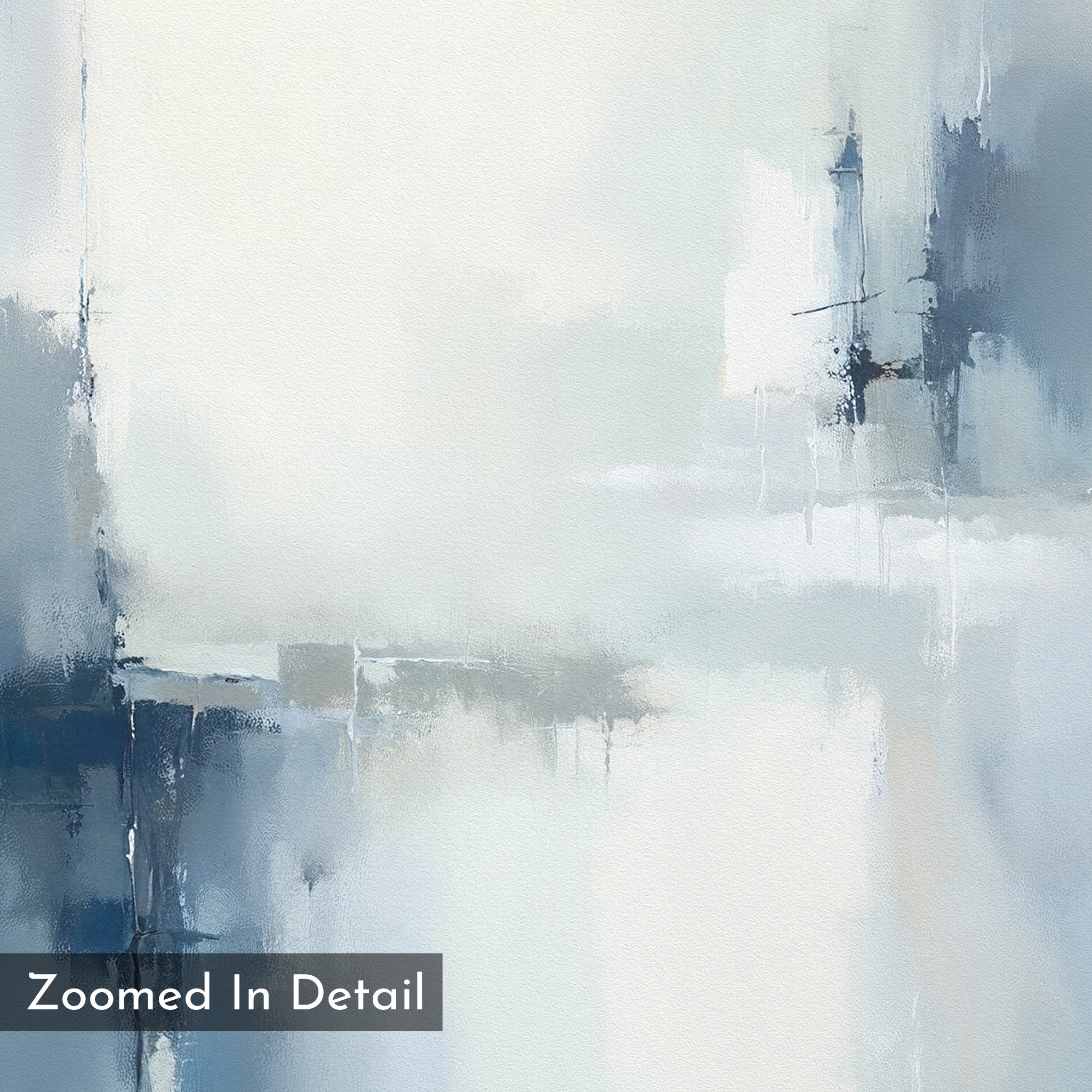Silver Cross Formation Canvas Art - Square features soft, blurred strokes in blue, gray, and white with overlapping lines for a textured effect—perfect for modern living rooms. Text overlay: Zoomed In Detail in the corner.