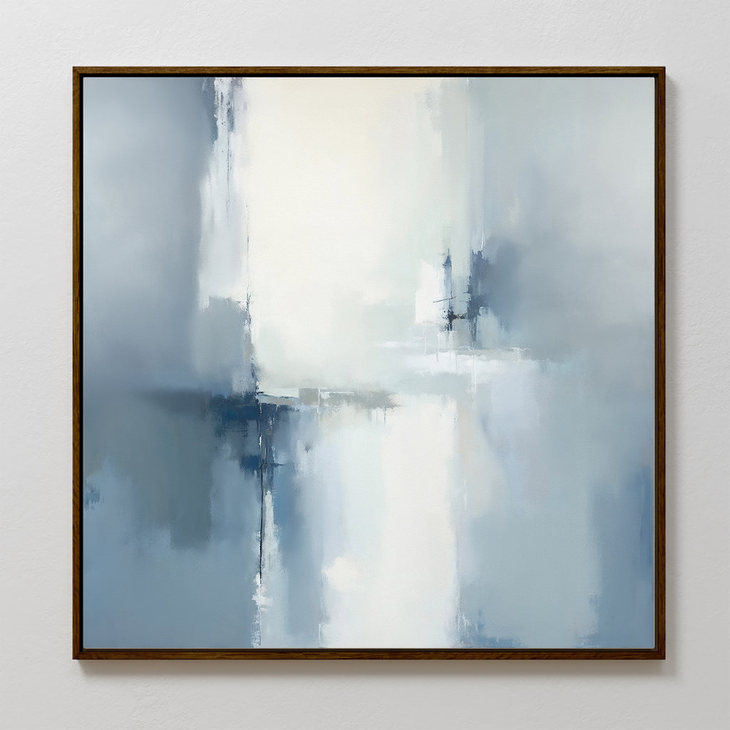 Silver Cross Formation Canvas Art - Square features soft, blurred shades of blue, white, and gray with soothing vertical and horizontal brushstrokes. Framed in dark wood, it's ideal for modern living rooms and tranquil spaces.